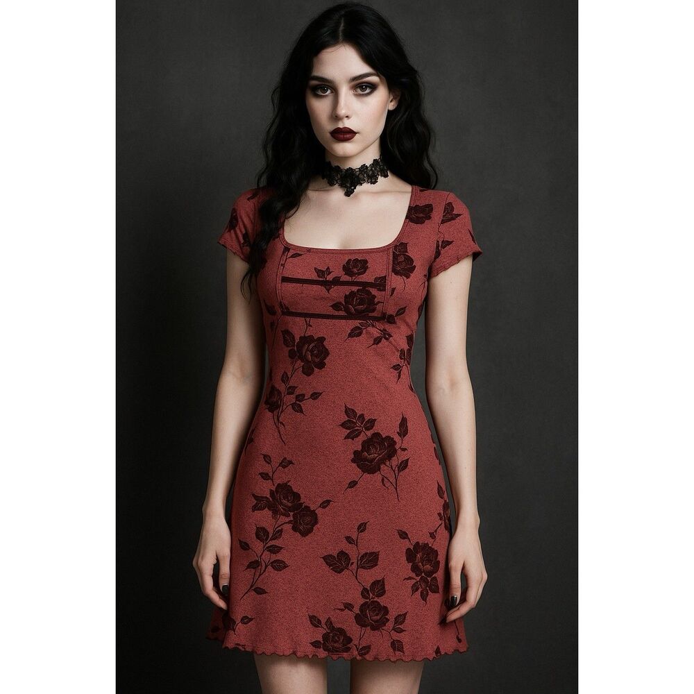 Y2K Goth Women’s Small Red Velvet Rose Floral Dress Square Neck Bodycon Romantic